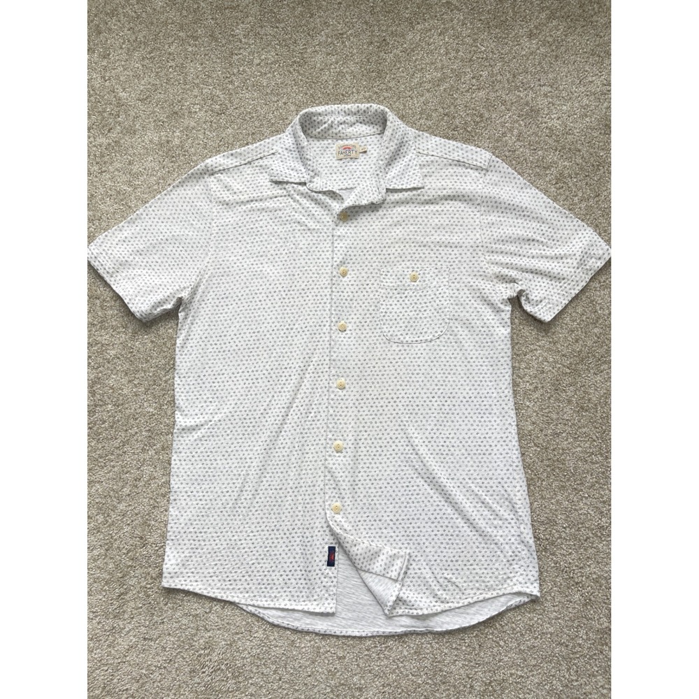 Faherty Mens M 100%Cotton Knit Slub Short Sleeves Button Down Shirt White Print